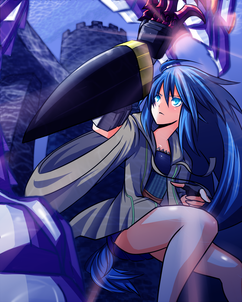 arms_aid, blue_hair, castle, duel_monster, eria, robe, ruichi, shield