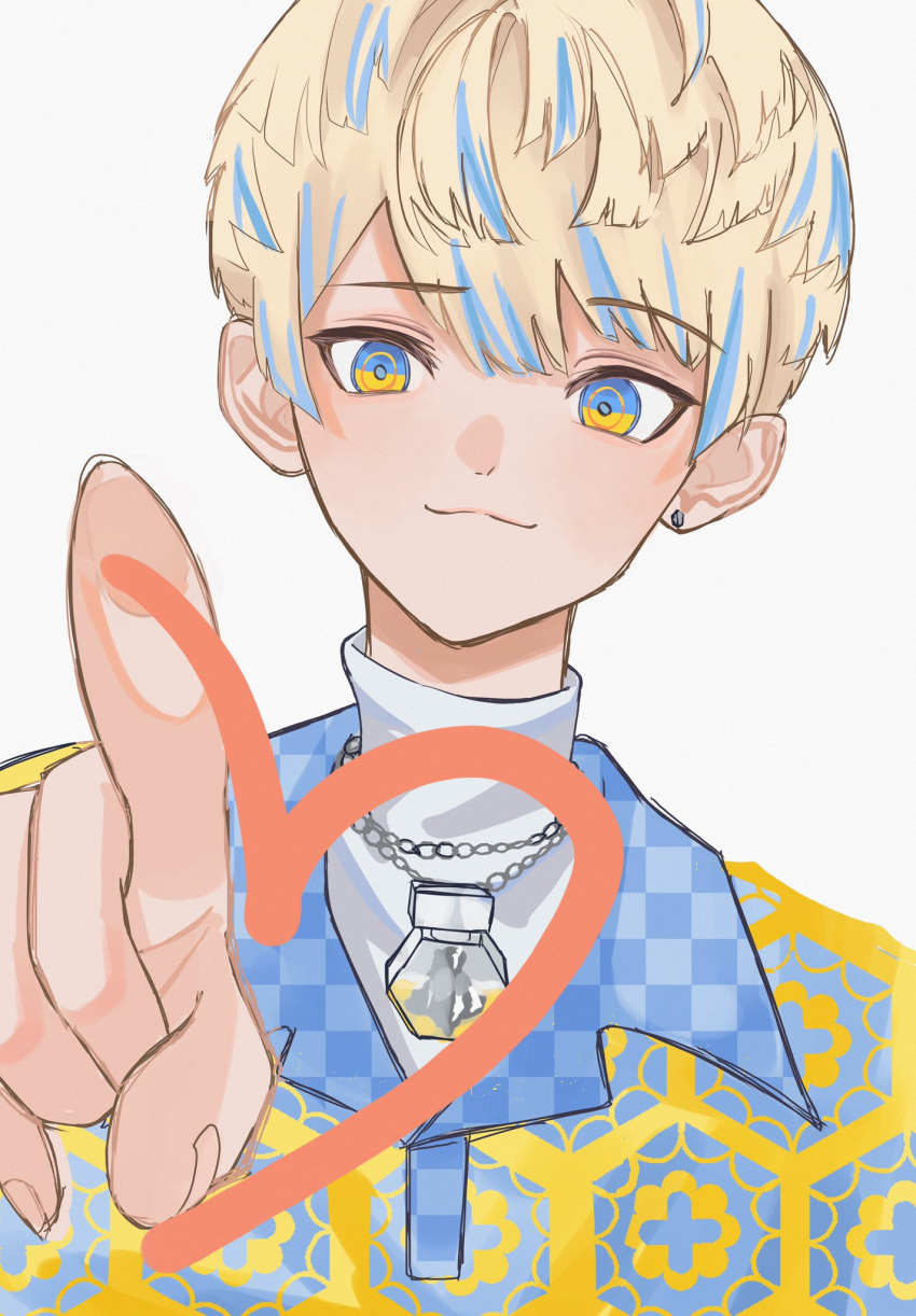 1boy, blonde_hair, blue_hair, checkered_clothes, closed_mouth, collared_shirt, commentary_request, earrings, fingernails, hair_between_eyes, heart, hibachi_mana, hibachi_mana_(1st_costume), highres, jewelry, kabu_mzk, male_focus, multicolored_eyes, multicolored_hair, necklace, nijisanji, outstretched_arm, parted_bangs, patterned_clothing, piercing, shirt, simple_background, single_earring, solo, streaked_hair, stud_earrings, turtleneck, upper_body, virtual_youtuber, white_background, white_shirt