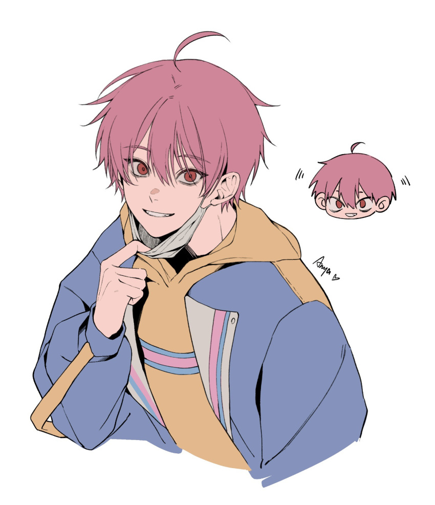 1boy, 54anya, ahoge, artist_name, blue_jacket, chibi, chibi_inset, cropped_torso
