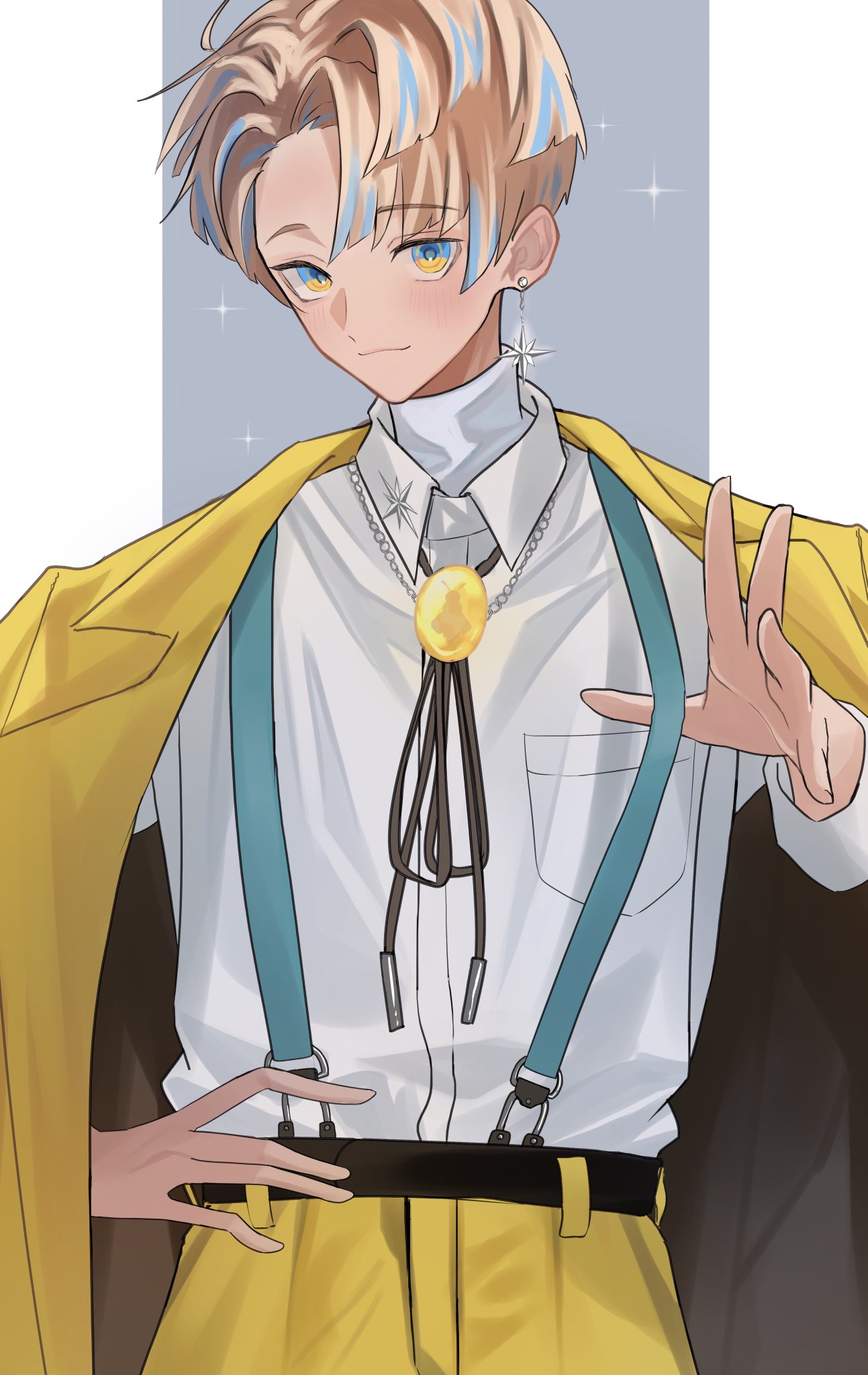 1boy, arm_up, belt, black_belt, blonde_hair, blue_hair, blush, bolo_tie, breast_pocket, closed_mouth, collared_shirt, commentary_request, curtained_hair, hand_on_own_hip, hibachi_mana, highres, jacket, jacket_on_shoulders, kabu_mzk, lapels, looking_to_the_side, male_focus, multicolored_eyes, multicolored_hair, nijisanji, notched_lapels, open_clothes, open_jacket, pants, pocket, shirt, shirt_tucked_in, sideways_glance, smile, solo, sparkle, streaked_hair, suit_jacket, suspenders, suspenders_pull, turtleneck, two-sided_fabric, two-sided_jacket, virtual_youtuber, white_shirt, wing_collar, yellow_jacket, yellow_pants