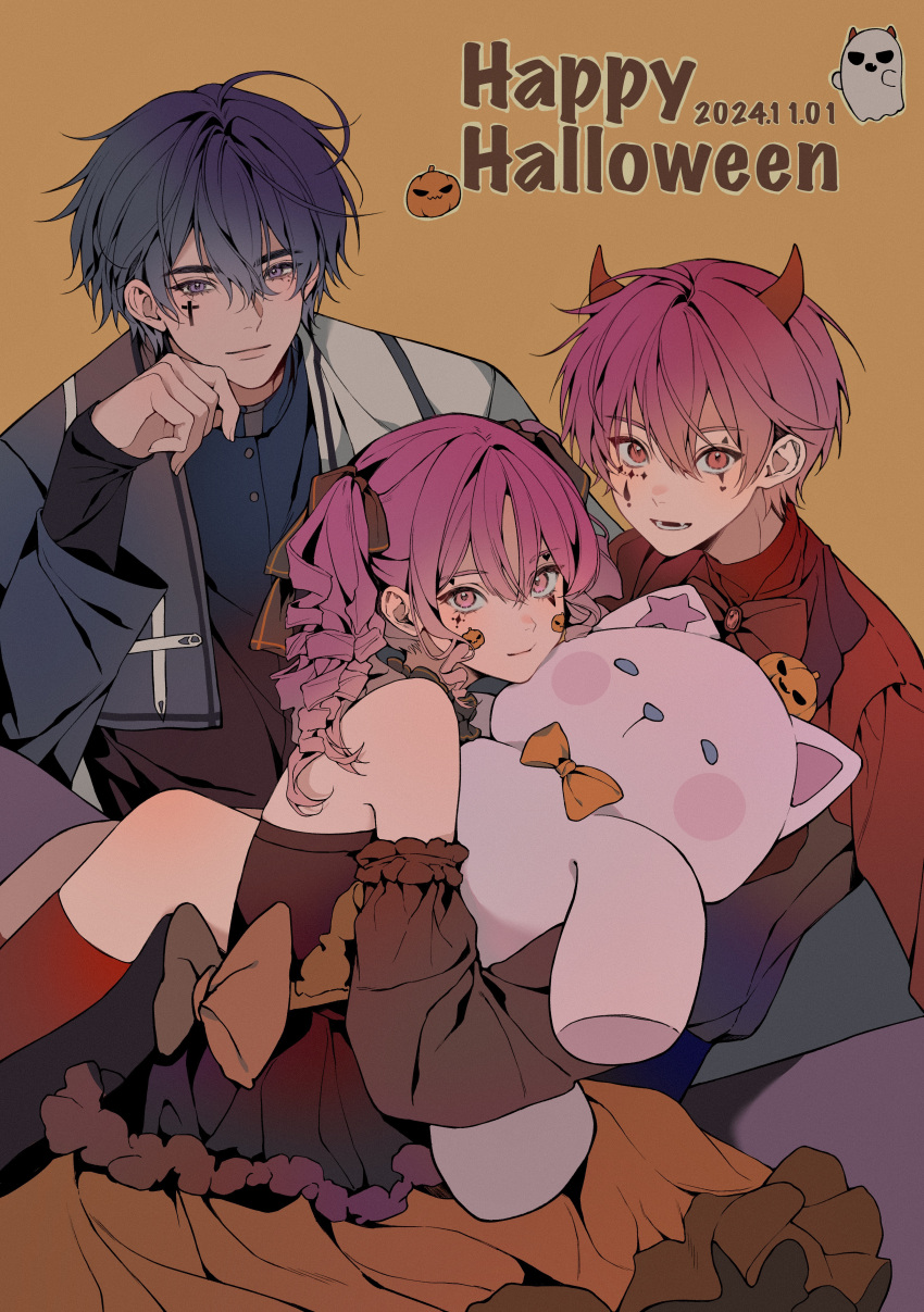 1girl, 2boys, 54anya, absurdres, alternate_costume, bare_shoulders, black_dress, black_shirt