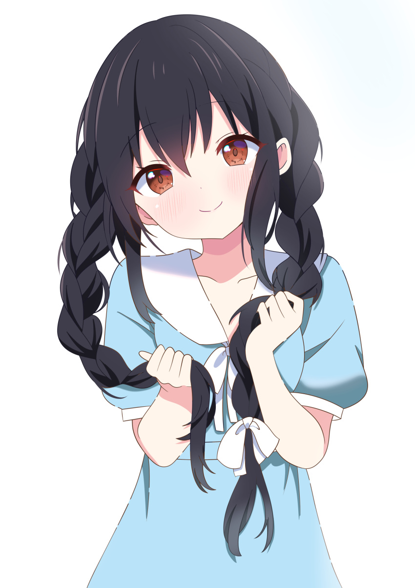 1girl, absurdres, black_hair, blue_dress, bow, braid, braided_twintails, brown_eyes