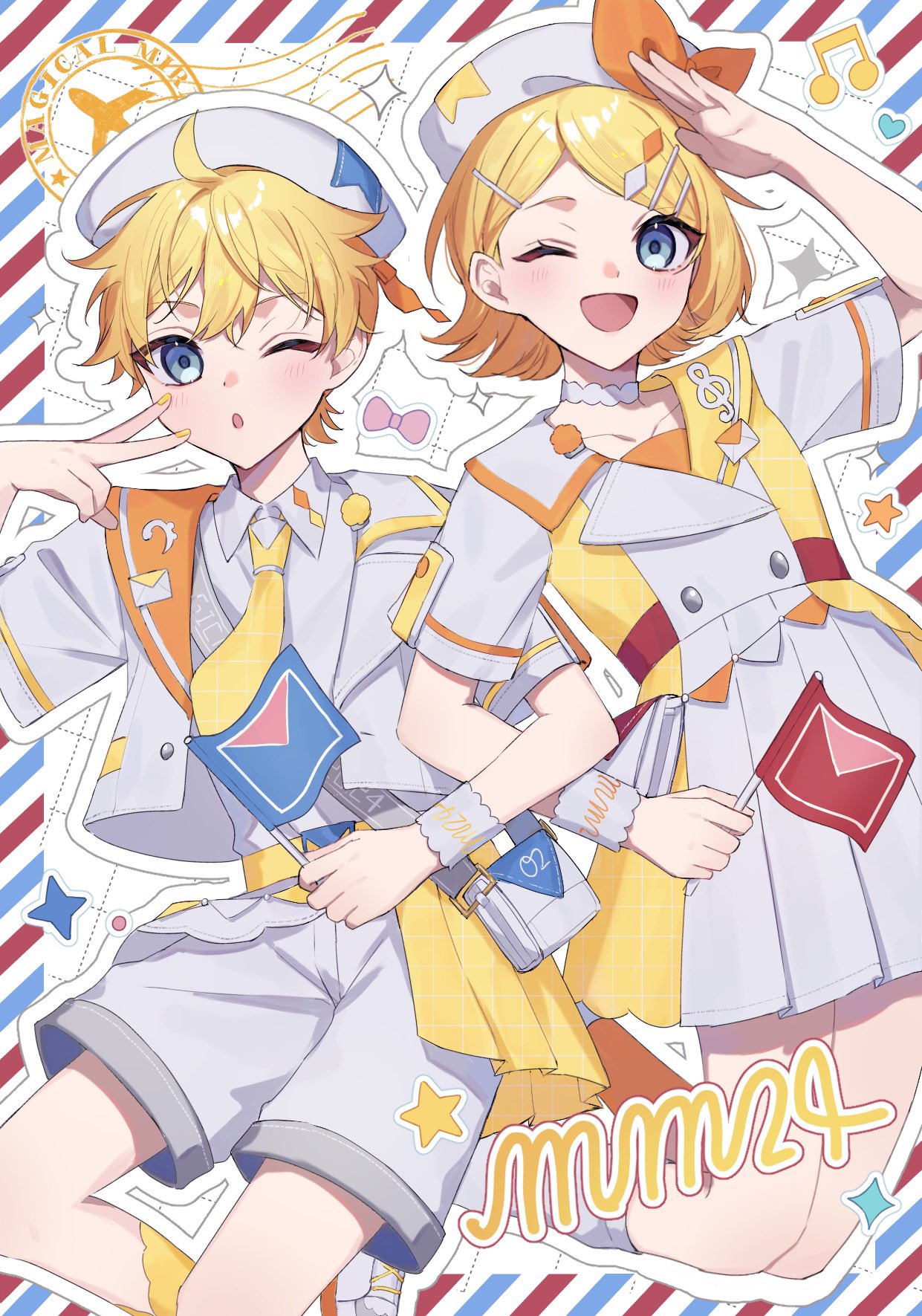 1boy, 1girl, :d, ahoge, arm_up, bag, belt, beret, blonde_hair, blue_eyes, border, bow, choker, collarbone, collared_shirt, commentary, diagonal-striped_background, dress, flag, grid_background, hair_ornament, hairpin, hand_up, hat, hat_bow, heart, highres, holding, holding_flag, kagamine_len, kagamine_rin, letter, light_blush, locked_arms, looking_at_viewer, magical_mirai_(vocaloid), magical_mirai_len_(2024), magical_mirai_rin_(2024), multiple_hairpins, musical_note, necktie, official_alternate_costume, one_eye_closed, open_clothes, open_mouth, open_shirt, orange_bow, outline, plaid_clothes, plaid_necktie, pleated_dress, rabu_(pixiv_38571565), salute, shirt, shoes, short_dress, short_hair, short_sleeves, shorts, shoulder_bag, smile, sparkle, star_(symbol), striped_background, striped_border, treble_clef, unmoving_pattern, v, vocaloid, white_choker, white_hat, white_outline, white_shorts, wristband, yellow_belt, yellow_nails, yellow_necktie