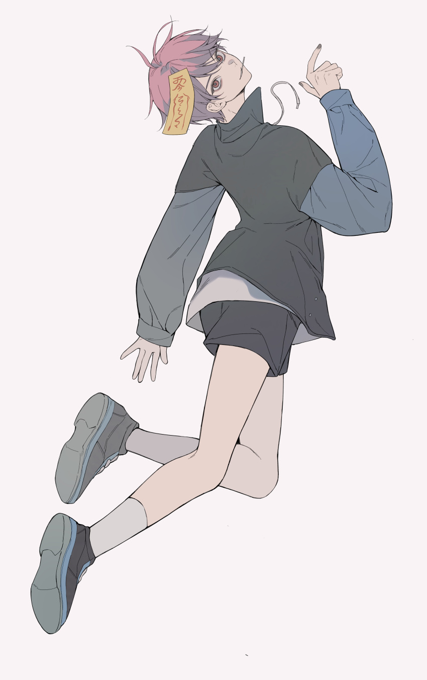 1boy, 54anya, absurdres, alternate_costume, black_jacket, black_shoes, black_shorts, candy, closed_mouth, food, full_body, grey_background, halloween_costume, hand_up, highres, jacket, jiangshi, layered_sleeves, li_tianchen, lollipop, long_sleeves, looking_at_viewer, looking_back, male_focus, mouth_hold, ofuda, ofuda_on_head, pink_hair, red_eyes, shiguang_dailiren, shirt, shoes, short_hair, short_over_long_sleeves, short_sleeves, shorts, simple_background, smile, sneakers, socks, solo, talisman, white_background, white_socks