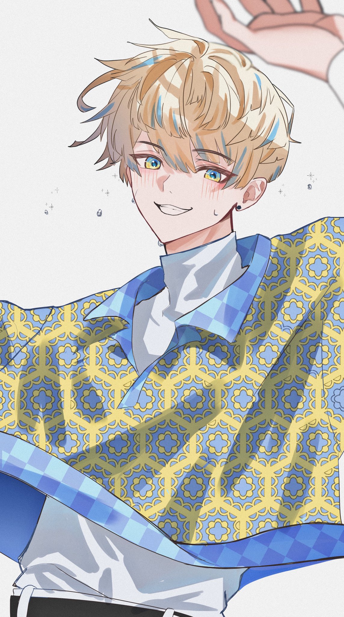 1boy, arm_up, belt, black_belt, blonde_hair, blue_eyes, checkered_clothes, collared_shirt
