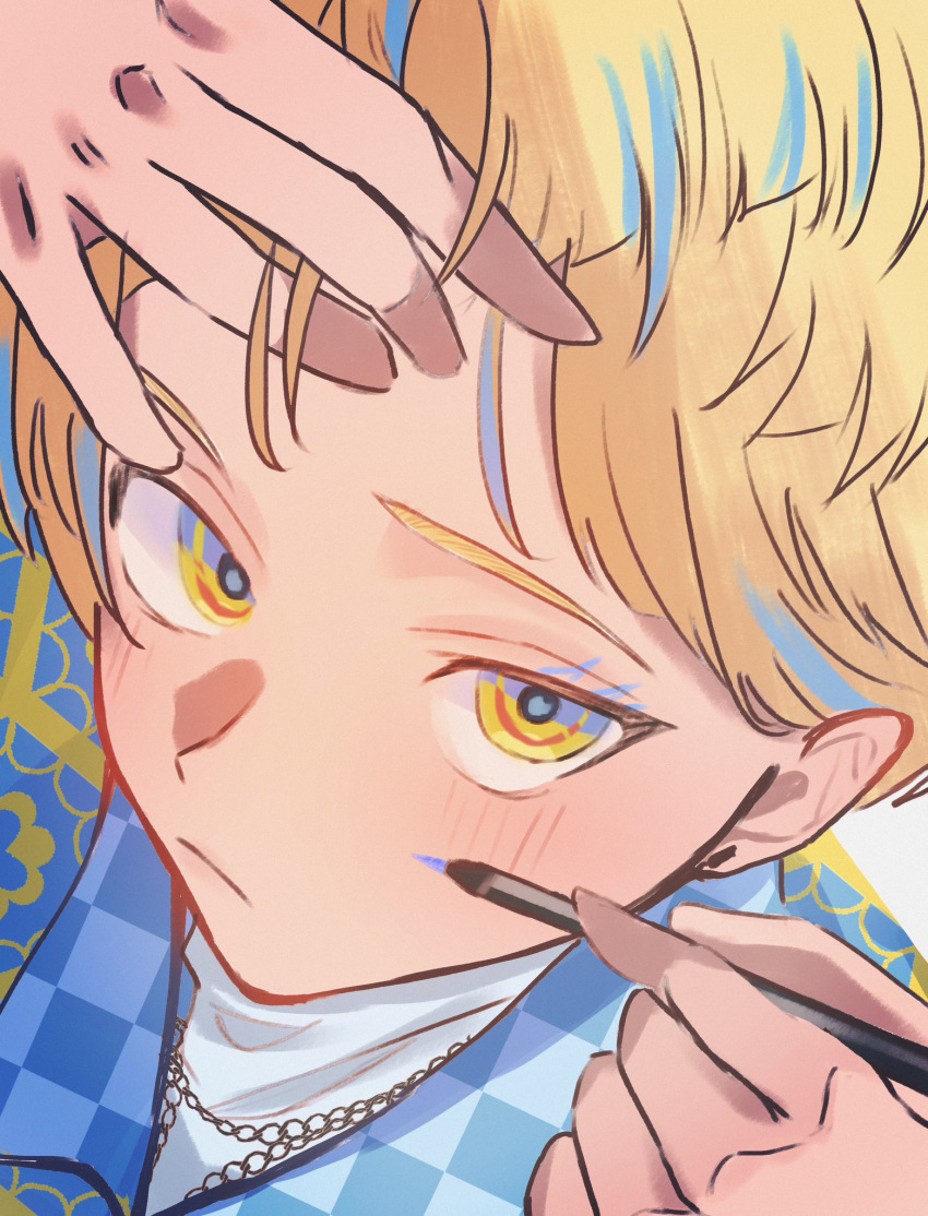 1boy, blonde_hair, blue_hair, blush, checkered_clothes, closed_mouth, collared_shirt, commentary_request