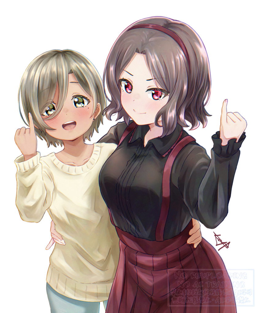 2girls, absurdres, alternate_breast_size, alternate_height, black_shirt, blue_pants, breast_size_switch, brown_eyes
