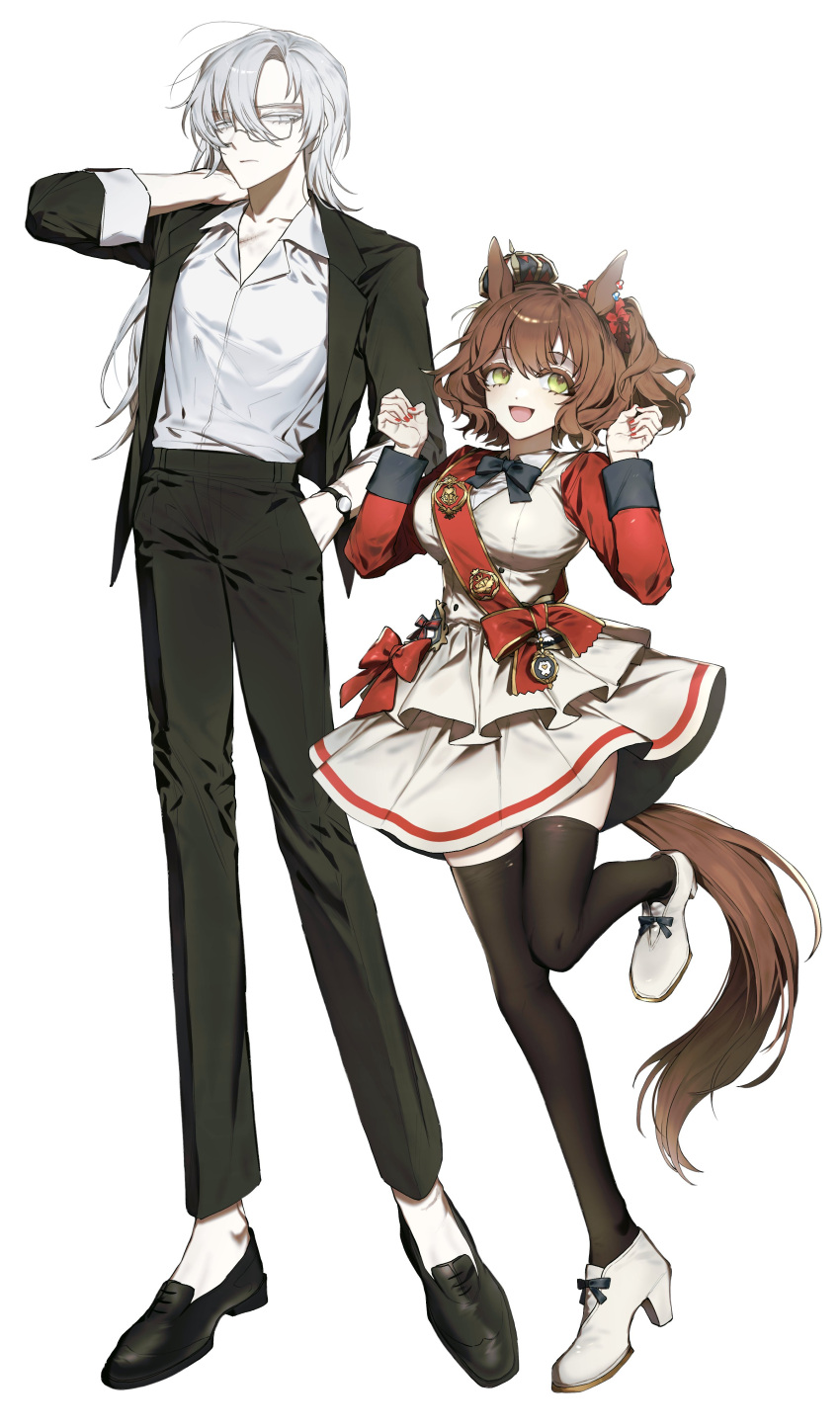 2girls, 6543_plz, :d, absurdres, animal_ears, anonymous_trainer_(6543_plz), aston_machan_(umamusume), black_bow, black_bowtie, black_jacket, black_pants, black_shoes, black_thighhighs, bow, bowtie, breasts, brown_hair, brown_tail, closed_mouth, collared_shirt, commenary_request, commentary_request, crown, curtained_hair, dress_shirt, ear_ornament, female_trainer_(umamusume), full_body, gold_trim, green_eyes, hair_ornament, hair_scrunchie, hand_in_pocket, hand_on_own_neck, hands_up, height_difference, high_heels, highres, horse_ears, horse_girl, horse_tail, jacket, korean_commentary, large_breasts, long_hair, looking_to_the_side, multiple_girls, oc_x_canon, open_clothes, open_jacket, open_mouth, original, pant_suit, pants, parted_bangs, red_bow, red_nails, red_sash, red_sleeves, sash, scar, scar_on_arm, scrunchie, shirt, shirt_tucked_in, shoes, side_ponytail, simple_background, skirt, smile, standing, standing_on_one_leg, suit, suit_jacket, tail, thigh-highs, trainer_(umamusume), umamusume, vest, watch, watch, white_background, white_eyes, white_hair, white_shirt, white_shoes, white_skirt, white_vest, zettai_ryouiki