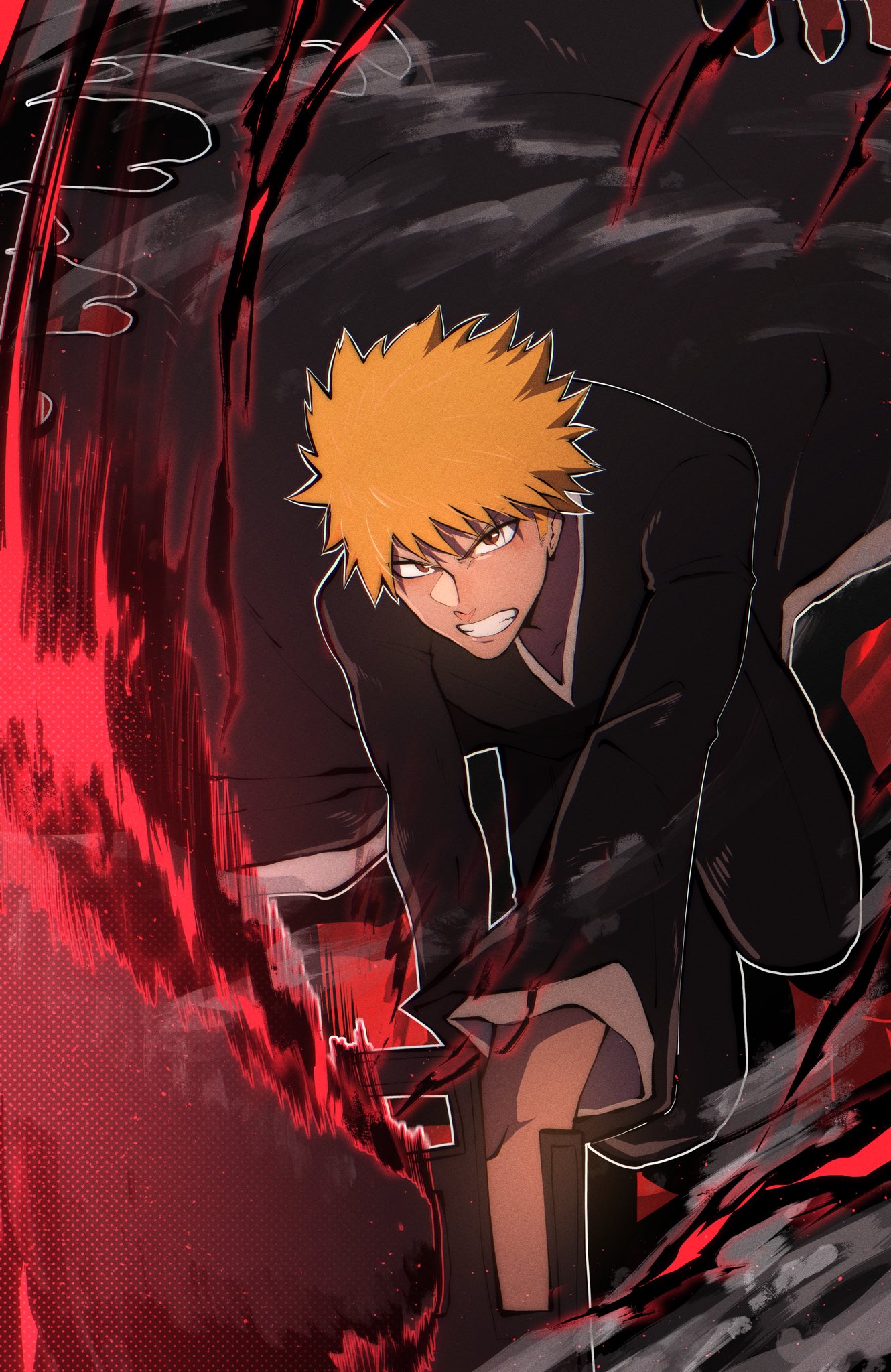 1boy, bankai, black_hakama, black_jacket, bleach, brown_eyes, clenched_teeth, getsuga_tensho