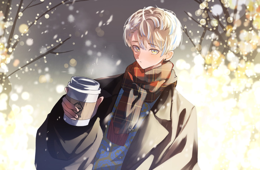 1boy, arm_up, bare_tree, black_coat, blonde_hair, blue_hair, blush, closed_mouth