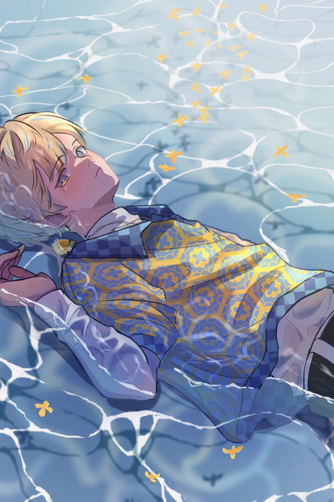 1boy, arm_up, blonde_hair, blue_eyes, blue_hair, checkered_clothes, closed_mouth, collared_shirt