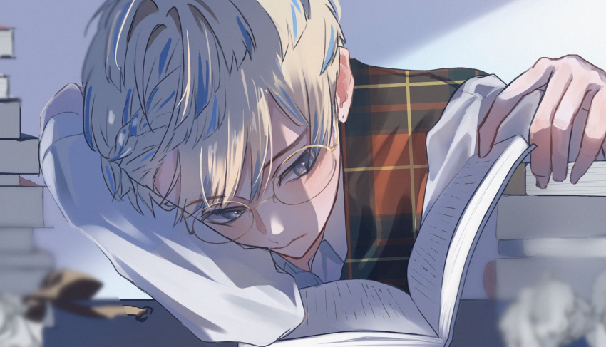 1boy, blonde_hair, blue_eyes, blue_hair, book, book_stack, closed_mouth, collared_shirt