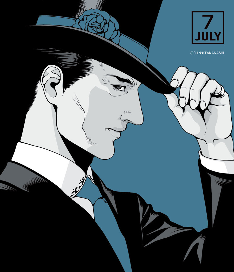 1boy, artist_name, black_eyes, black_hair, black_hat, black_jacket, blue_background, blue_flower