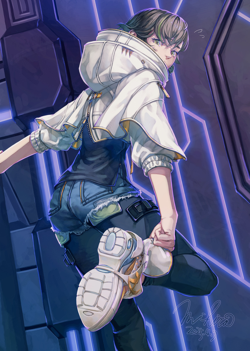 1girl, absurdres, adjusting_clothes, adjusting_shoe, artist_name, black_leggings, blue_shorts, brown_hair