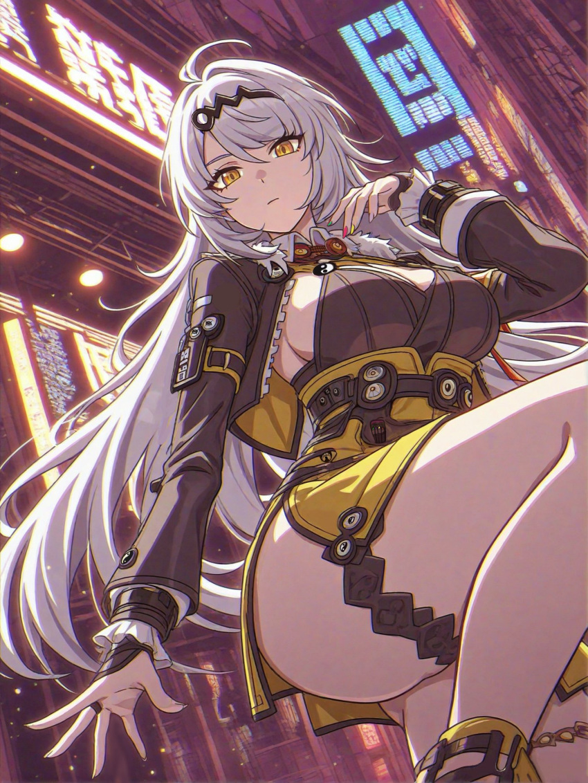 1girl, bad_source, bikini, blush, breasts, chinese_clothes, coat, coat_on_shoulders, eyelashes, gloves, hair_ornament, highres, large_breasts, long_hair, long_sleeves, looking_at_viewer, mole, mole_on_breast, open_clothes, open_coat, open_mouth, solo, swimsuit, very_long_hair, white_hair, wings, yellow_eyes, yi_xuan_(zenless_zone_zero), zenless_zone_zero