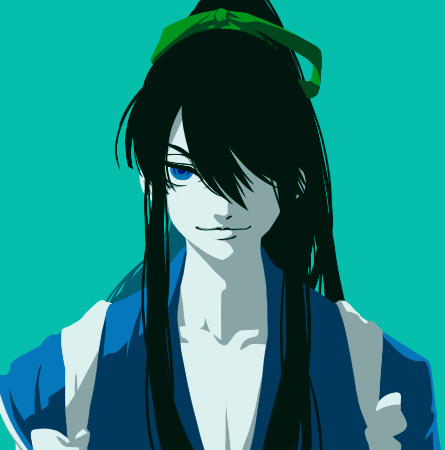1boy, aqua_background, blue_eyes, drifters, fish_zeppelin, japanese_clothes, kimono, long_hair