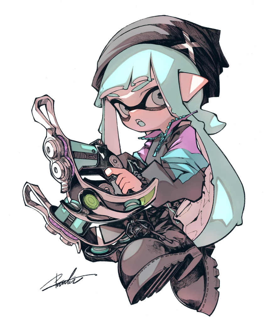 1girl, :o, absurdres, beanie, black_boots, black_hat, black_jacket, blue_eyes, blue_hair, blue_jacket, boots, commentary, dual_wielding, fang, full_body, hat, highres, holding, holding_weapon, inkling, inkling_girl, inkling_player_character, jacket, lace-up_boots, long_hair, long_sleeves, looking_at_viewer, mhxbump, multicolored_jacket, open_mouth, pointy_ears, purple_jacket, signature, solo, splatoon_(series), symbol-only_commentary, teeth, tentacle_hair, tetra_dualies_(splatoon), twintails, upper_teeth_only, weapon, white_background, zipper