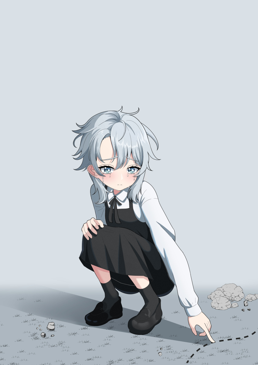 1girl, absurdres, ant, black_dress, blue_eyes, bug, chainsaw_man, closed_mouth