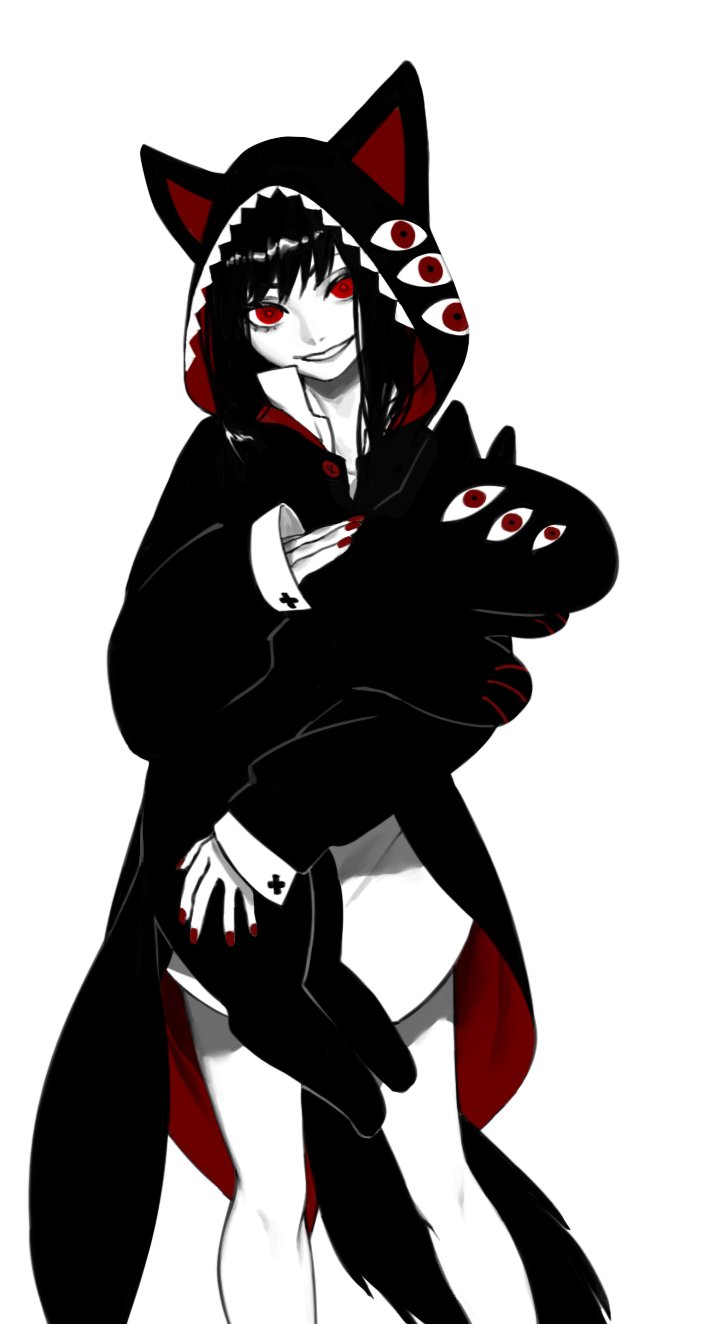 1girl, alucard_(hellsing), animal_hood, black_hair, cat_hood, creature, fish_zeppelin, girlycard