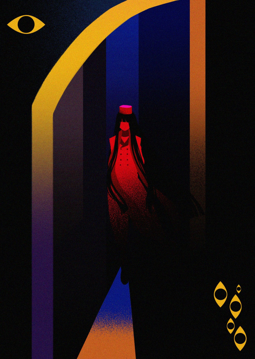 1girl, alucard_(hellsing), coat, faceless, faceless_female, facing_viewer, fish_zeppelin, full_body, girlycard, hat, hellsing, highres, limited_palette, long_hair, solo, surreal, very_long_hair