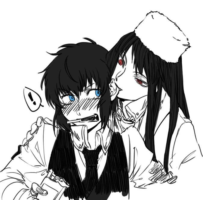 !, 1boy, 1girl, alucard_(hellsing), biting, biting_ear, cigarette, coat