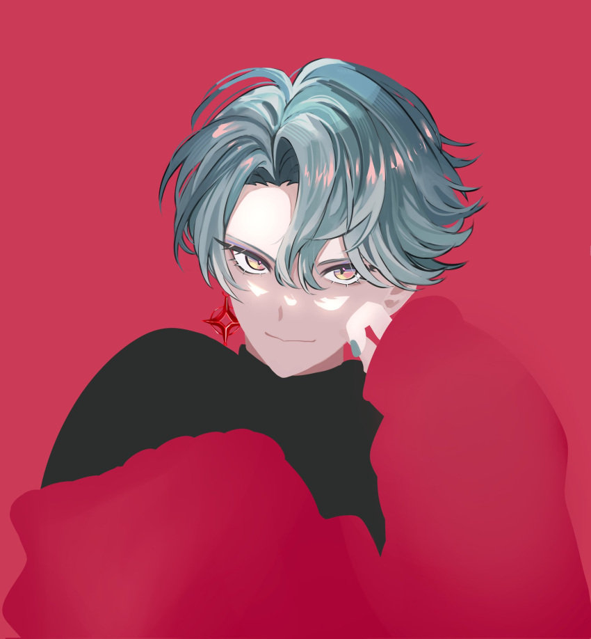 1boy, black_shirt, blue_hair, blue_nails, closed_mouth, coat, commentary, curtained_hair