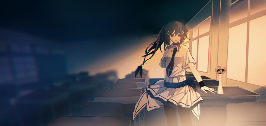 1girl, blurry, blurry_background, desk, hair_ornament, hairpin, highres, indoors