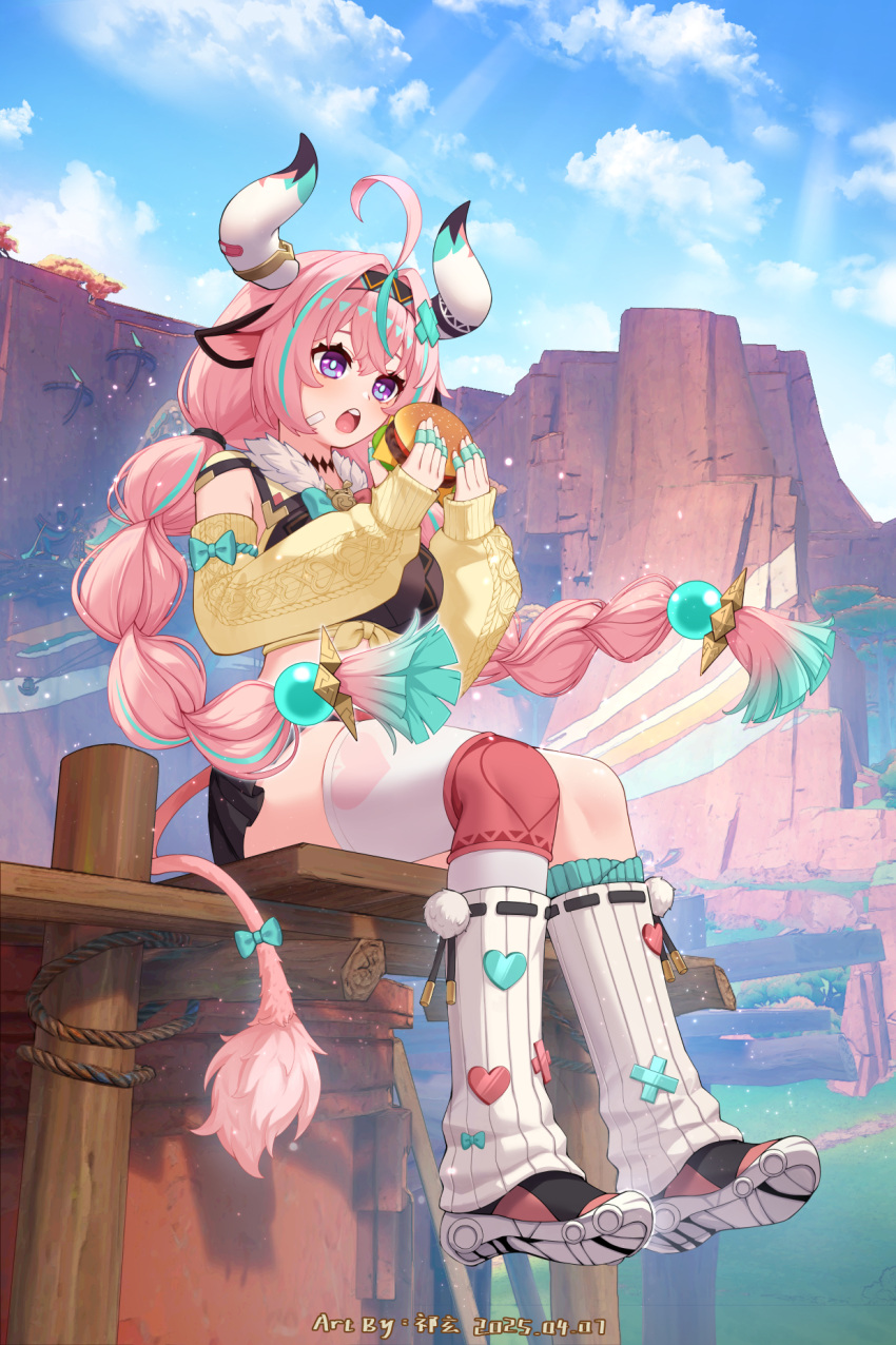 1girl, ahoge, animal_ears, artist_name, braid, burger, cliff, cow_ears