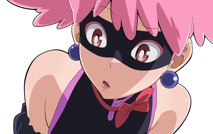 1girl, close-up, domino_mask, earrings, eye_mask, haneyama_kazuho, highres, jewelry, mask, open_mouth, pink_eyes, pink_hair, pink_lips, quelcom, solo, superhero_costume, transparent_background, vigilante_-boku_no_hero_academia:_illegals-