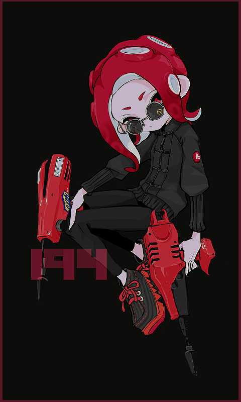 1girl, black_background, black_jacket, black_leggings, black_shoes, border, closed_mouth, commentary, dual_wielding, dualie_squelchers_(splatoon), full_body, holding, holding_weapon, imaikuy0, invisible_chair, jacket, leggings, long_sleeves, looking_at_viewer, medium_hair, octoling, octoling_girl, octoling_player_character, parted_bangs, red_border, red_eyes, red_hair, shoes, sitting, solo, splatoon_(series), sunglasses, symbol-only_commentary, tentacle_hair, weapon, white-framed_eyewear, zipper, zipper_pull_tab