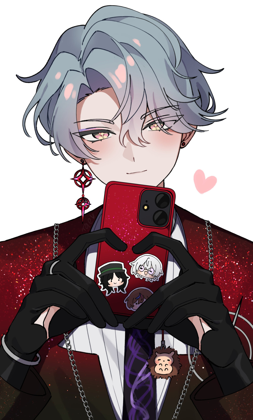 1boy, absurdres, black_gloves, blue_hair, blush, cellphone, charm_(object), closed_mouth