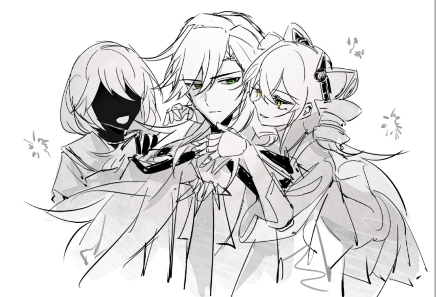 1girl, 2boys, chinese_commentary, closed_mouth, commentary_request, doll_joints, green_eyes, hand_on_another's_chin