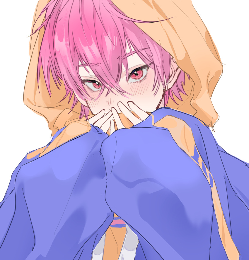 1boy, blue_jacket, blush, covered_mouth, covering_own_mouth, hair_between_eyes, hands_up, highres