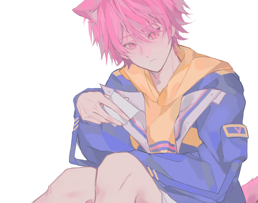 1boy, animal_ears, blue_jacket, closed_mouth, fox_boy, fox_ears, hair_between_eyes, highres, holding, holding_photo, hood, hoodie, jacket, kemonomimi_mode, li_tianchen, long_sleeves, looking_at_viewer, male_focus, photo_(object), pink_eyes, pink_hair, shiguang_dailiren, short_hair, shorts, simple_background, sitting, solo, tail, white_background, xinjinjumin7823347, yellow_hoodie