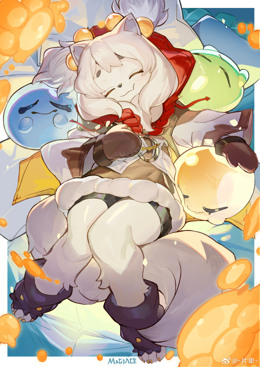 1girl, absurdres, animal_nose, bike_shorts, blue_blobble_(world_flipper), body_fur, border, chinese_commentary