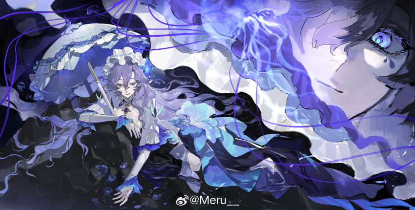 1girl, absurdres, air_bubble, blue_eyes, bubble, cantarella_(wuthering_waves), chinese_commentary, collar