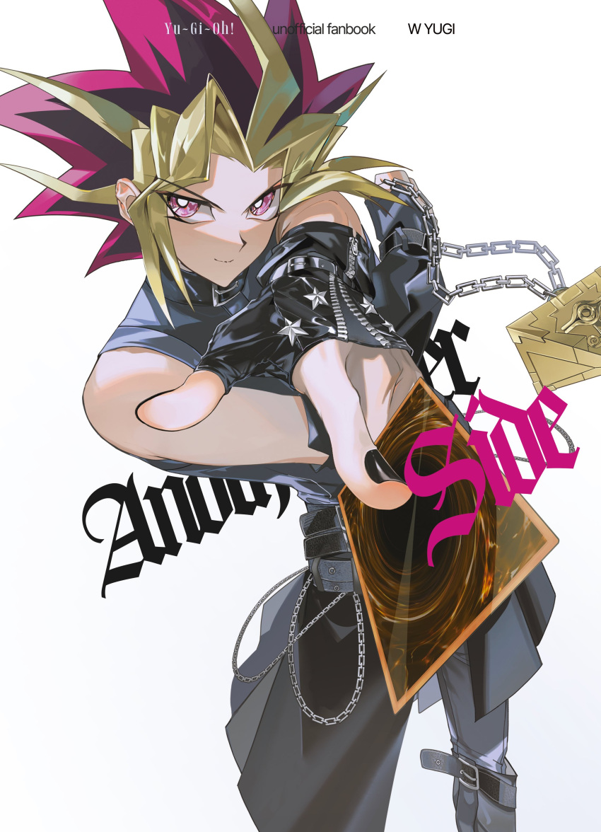 1boy, absurdres, black_hair, black_nails, black_shirt, blonde_hair, card, cowboy_shot, fingerless_gloves, gloves, highres, holding, holding_card, male_focus, medium_hair, millennium_puzzle, multicolored_hair, purple_hair, shirt, simple_background, solo, spiky_hair, trading_card, uuu_ygo, violet_eyes, white_background, yami_yugi, yu-gi-oh!, yu-gi-oh!_duel_monsters