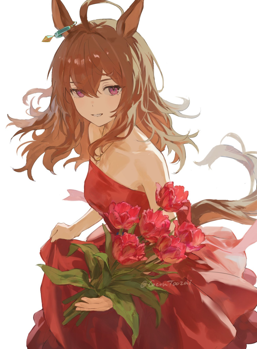 1girl, ahoge, animal_ears, bare_shoulders, bouquet, breasts, brown_hair, clothes_grab