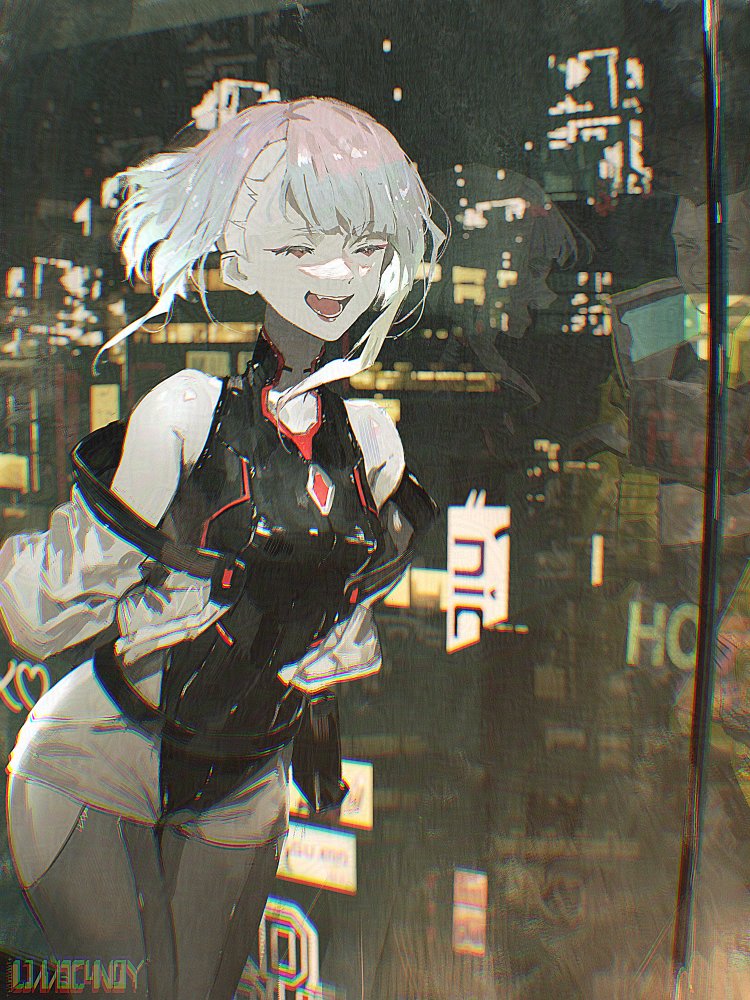 1girl, breasts, cityscape, closed_eyes, cyberpunk_(series), cyberpunk_edgerunners, eyeshadow, grey_shorts