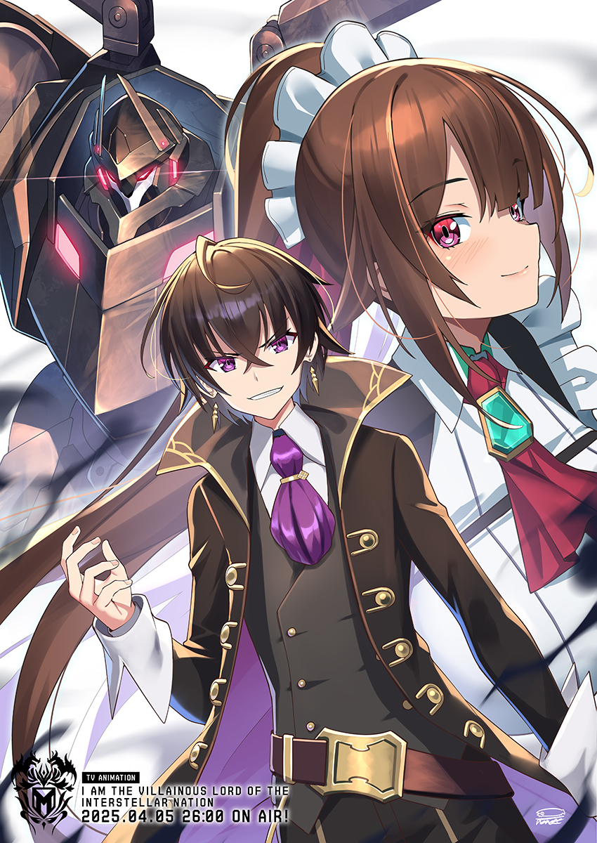 1boy, 1girl, amagi_(oreaku), black_coat, black_hair, black_vest, blush, brown_hair