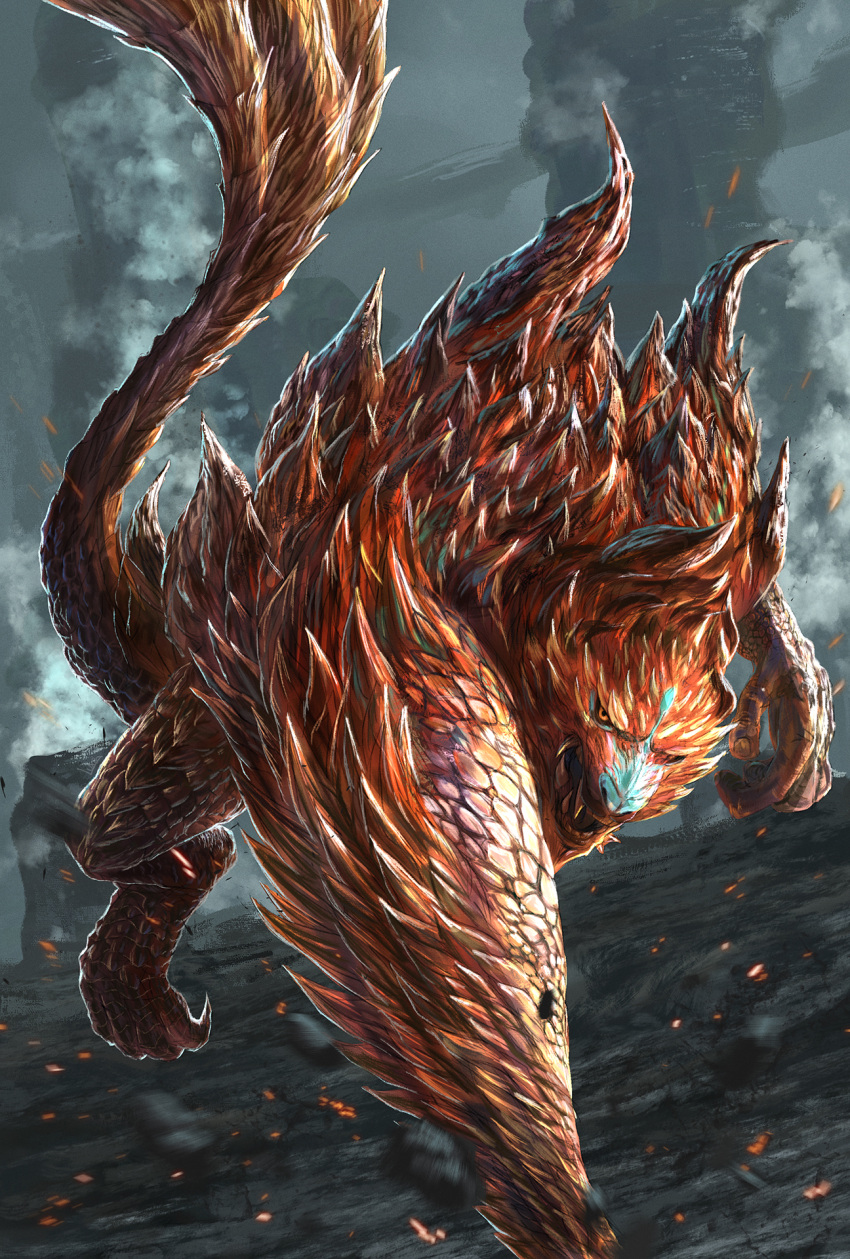 ajarakan, bearluxe, fangs, highres, looking_at_viewer, monkey, monkey_tail, monster, monster_focus, monster_hunter_(series), monster_hunter_wilds, no_humans, open_mouth, orange_eyes, orange_scales, scales, smoke, solo, sparks, tail, teeth