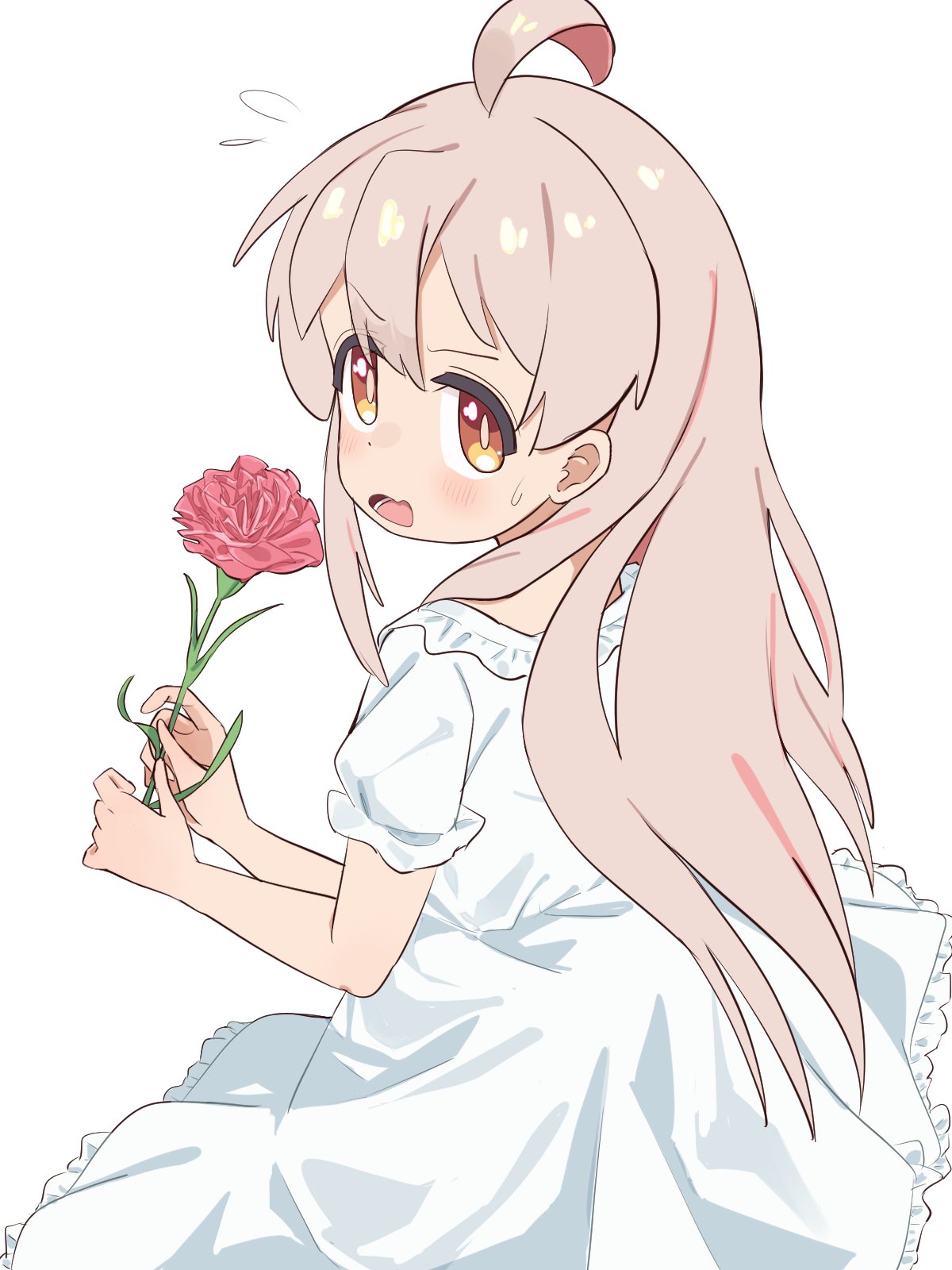 1girl, ahoge, bare_arms, brown_eyes, dress, flower, flying_sweatdrops, frilled_dress