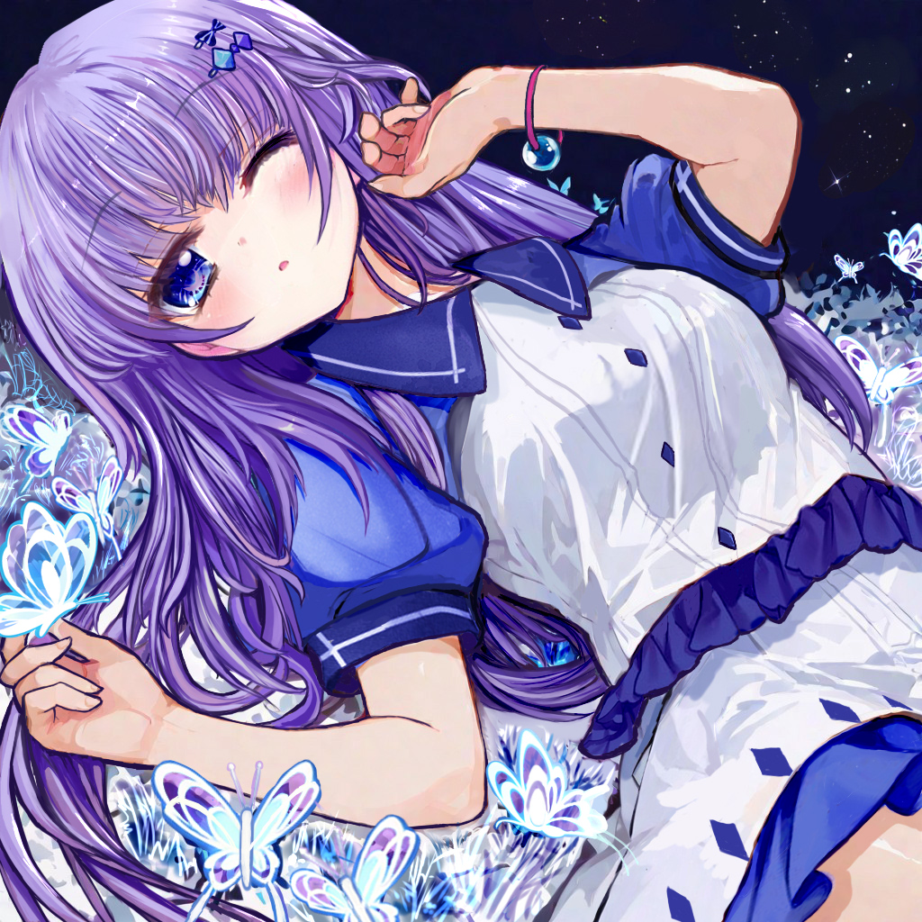 1girl, ;o, blue_bow, blue_butterfly, blue_eyes, blue_sleeves, blush, bow