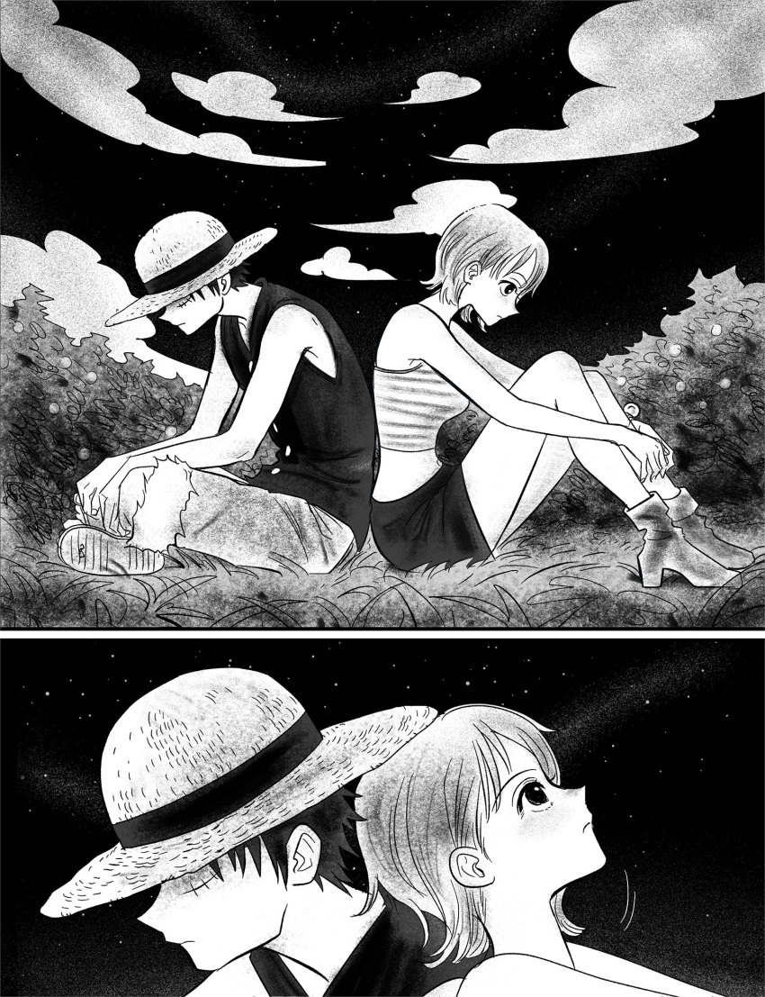 1boy, 1girl, back-to-back, bare_legs, bare_shoulders, boots, bracelet, breasts, bush, buttons, closed_mouth, clouds, cloudy_sky, crop_top, english_commentary, from_side, full_body, fur-trimmed_shorts, fur_trim, grass, greyscale, hat, head_on_another's_back, high_heel_boots, high_heels, highres, indian_style, jewelry, knees_up, leaning_back, leaning_on_person, log_pose, looking_up, medium_breasts, midriff, miniskirt, monkey_d._luffy, monochrome, nami_(one_piece), one_piece, outdoors, profile, sandals, scar, scar_on_cheek, scar_on_face, sequential, shirt, short_hair, shorts, sitting, skirt, sky, sleeveless, sleeveless_shirt, straw_hat, tesstessgreen, upper_body, vest