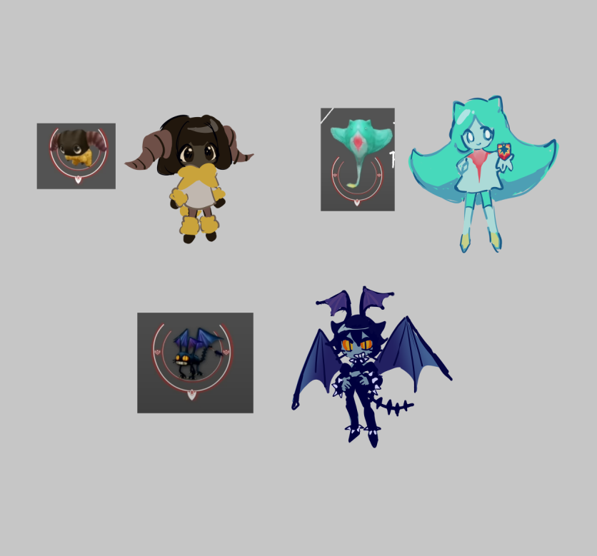 3girls, bat_wings, black_eyes, brown_hair, cat, cat_girl, chibi, closed_mouth, colored_skin, feather_ray_(final_fantasy), final_fantasy, final_fantasy_xiv, gimme_cat, grey_background, grey_skin, grin, head_wings, horns, looking_at_viewer, manta_ray, multiple_girls, personification, sheep_girl, simple_background, slit_pupils, smile, wings, yan_(final_fantasy), yellow_eyes