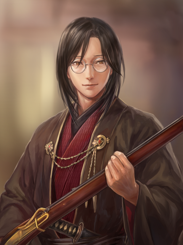 1boy, alternate_costume, antique_firearm, black_hair, black_kimono, blurry, blurry_background, brown_eyes, closed_mouth, commentary_request, firelock, glasses, grey-framed_eyewear, gun, holding, holding_gun, holding_weapon, izura_mari, japanese_clothes, katana, kimono, lips, long_bangs, long_hair, looking_to_the_side, male_focus, nijisanji, parted_bangs, parted_hair, print_kimono, red_kimono, round_eyewear, scabbard, sheath, sheathed, shellin_burgundy, side_part, smile, solo, sword, three_quarter_view, unmoving_pattern, upper_body, virtual_youtuber, weapon, weapon_request