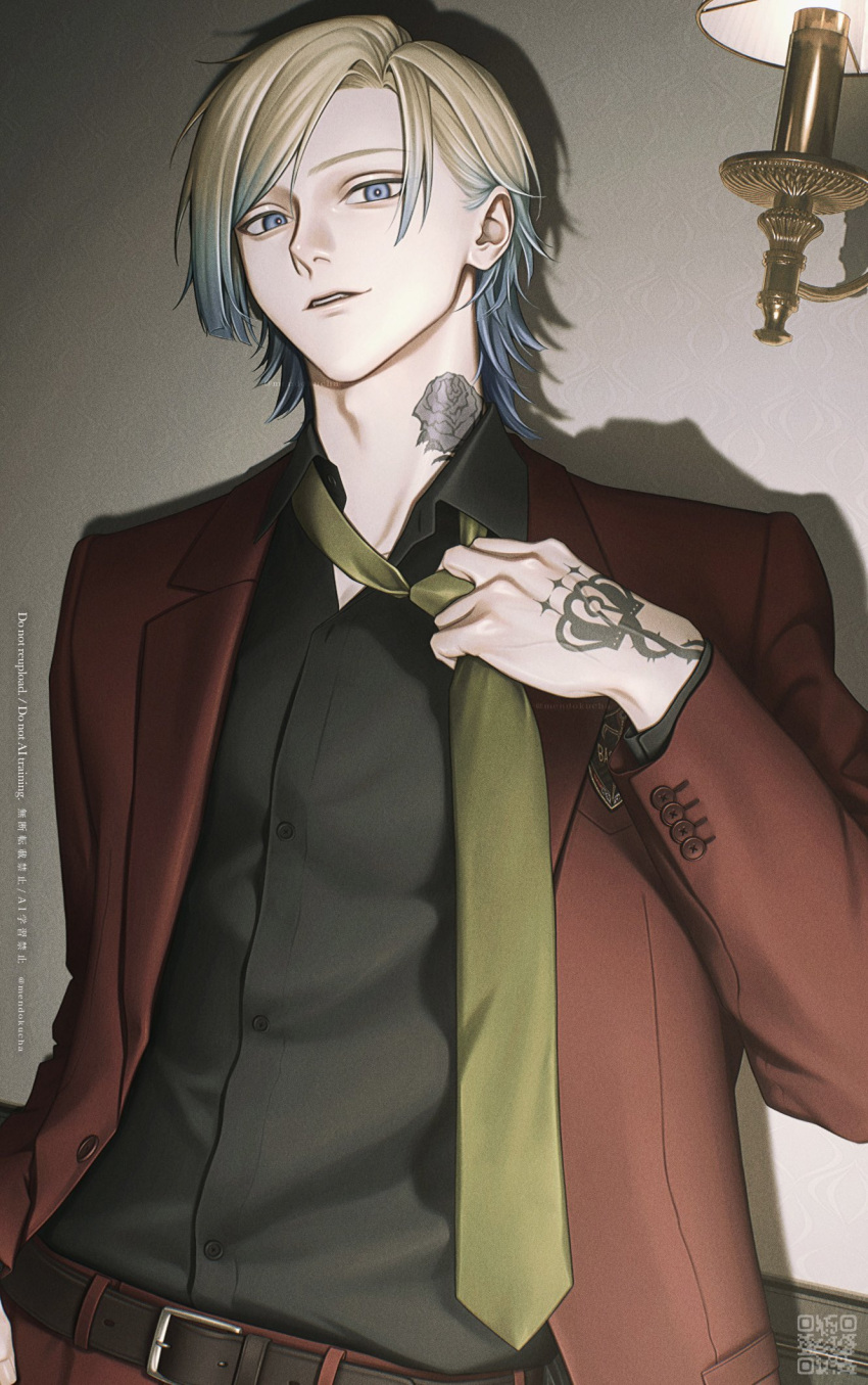 1boy, adjusting_clothes, adjusting_necktie, arm_up, belt, belt_buckle, black_belt, black_shirt, blonde_hair, blue_eyes, blue_hair, blue_lock, buckle, collared_shirt, cowboy_shot, curtained_hair, flower, flower_tattoo, gradient_hair, hand_tattoo, highres, jacket, lapels, layered_sleeves, light_fixture, long_sleeves, looking_down, male_focus, mendokucha, michael_kaiser, multicolored_hair, neck_tattoo, necktie, notched_lapels, open_collar, pants, parted_hair, parted_lips, red_jacket, red_pants, red_suit, rose, shirt, shirt_tucked_in, solo, suit, suit_jacket, tattoo, teeth, wing_collar, yellow_necktie