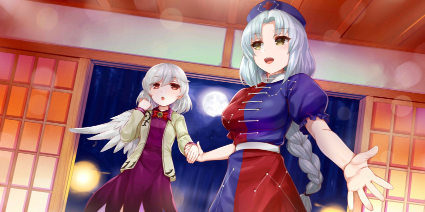 2girls, angel_wings, arm_up, artist_name, asymmetrical_clothes, bird_wings, blush, bow