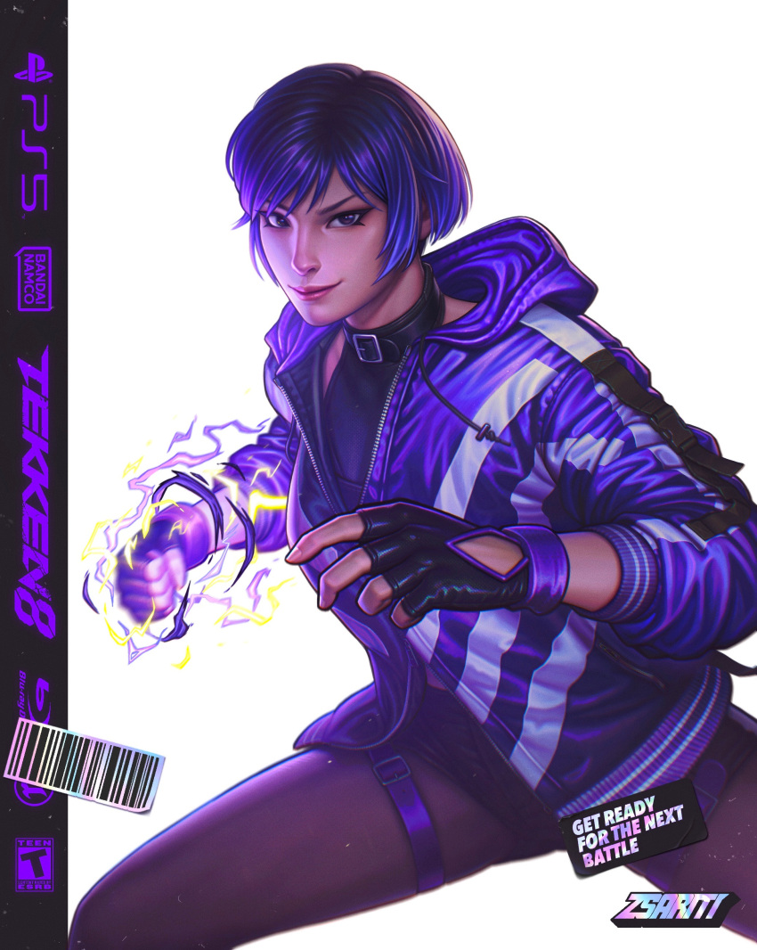 1girl, absurdres, artist_name, bandai_namco, barcode, blu-ray_logo, character_name, clenched_hand, commentary, copyright_name, english_commentary, fingerless_gloves, gloves, highres, hood, hooded_jacket, jacket, logo, playstation_logo, purple_jacket, reina_(tekken), short_hair, solo, tekken, tekken_8, thigh_strap, zsariti