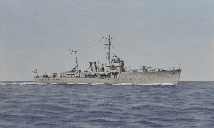 acrylic_paint_(medium), atelier_bono, etorofu_(escort_ship), gunboat, highres, imperial_japanese_navy, mast, no_humans